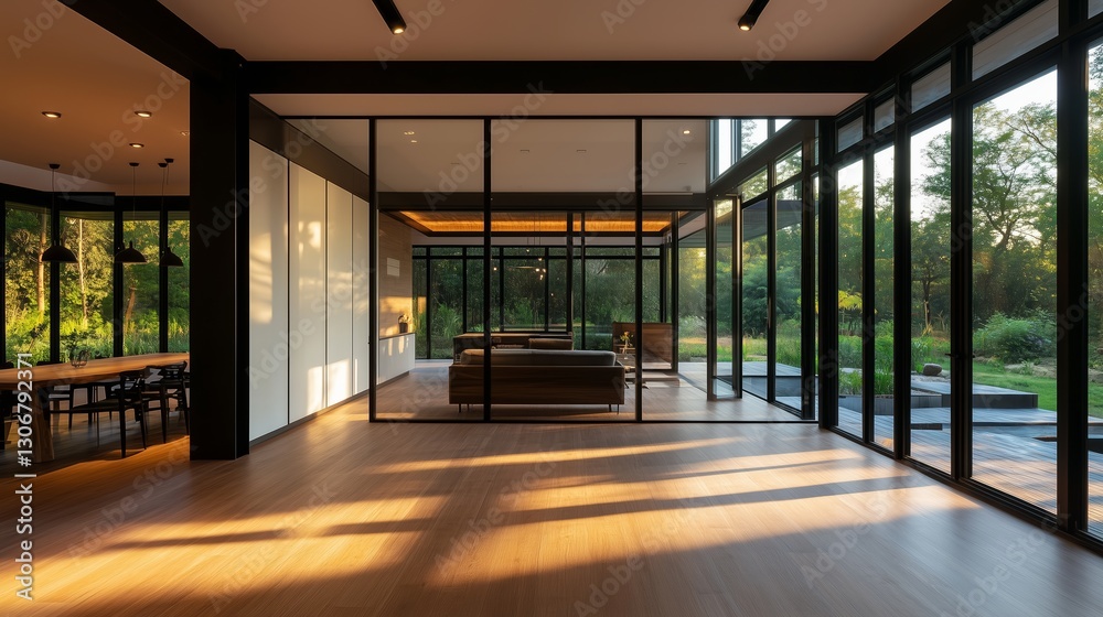 Obraz premium Modern minimalist interior design,large space and high ceiling,livingroom space with tea room and glass doors on the left side, black metal frame and white panels, wooden floor, dark lighting