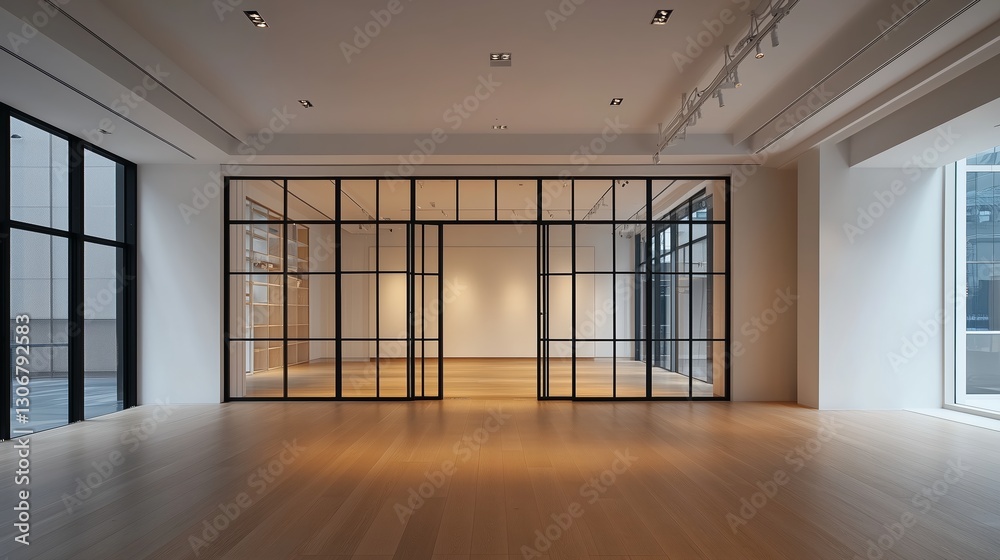 Modern minimalist interior design,large space and high ceiling,livingroom space with tea room and glass doors on the left side, black metal frame and white panels, wooden floor, dark lighting Modern minimalist interior design,large space and high ceiling,livingroom space with tea room and glass doors on the left side, black metal frame and white panels, wooden floor, dark lighting
