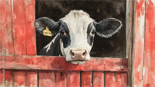 Vector illustration, watercolor painting of cow looking from the barn