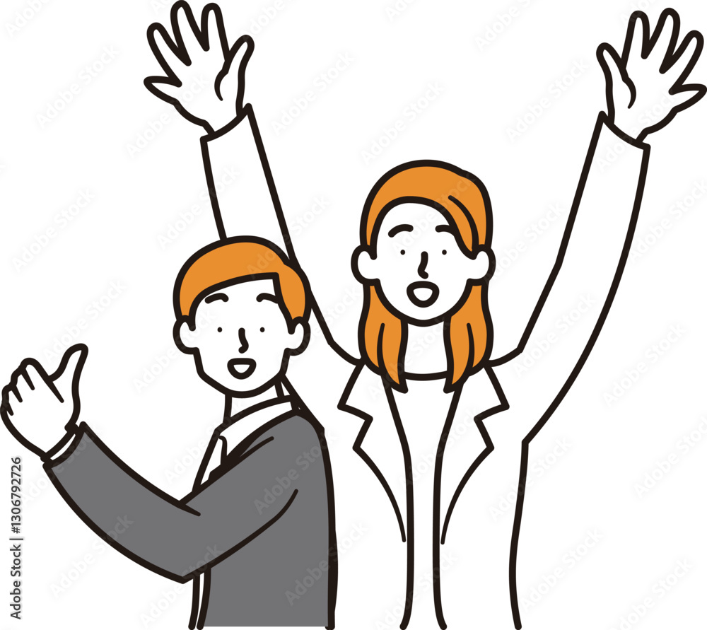 バンザイをしている女性とグッドポーズの男性のビジネスパーソンのシンプルな上半身のイラスト素材
