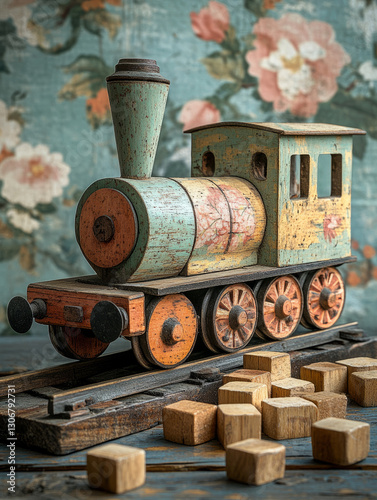 Vintage wooden toy train with blocks on floral backdrop.