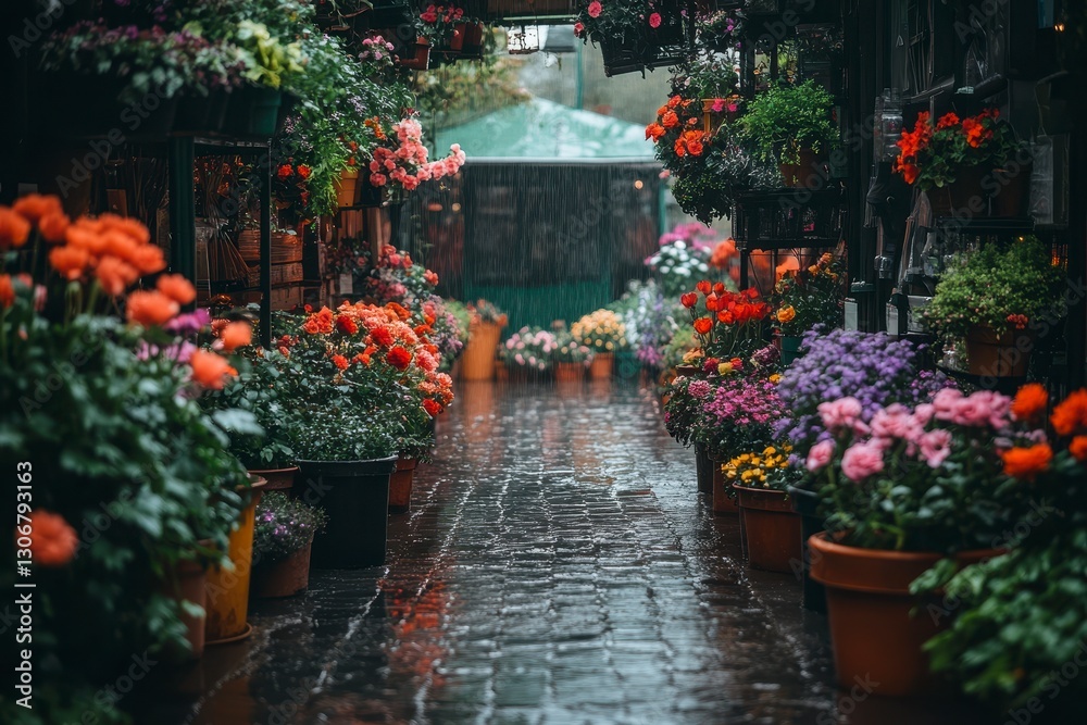 Fototapeta premium Rainy Day at a Vibrant Flower Market Colorful Flowers and Lush Greenery on a Wet Cobblestone Path