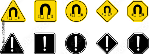 Caution Warning Dangerous alarm set, danger sign collection, attention vector icon, yellow, red and black fatal error message element, exclamation mark of warning attention icon symbol