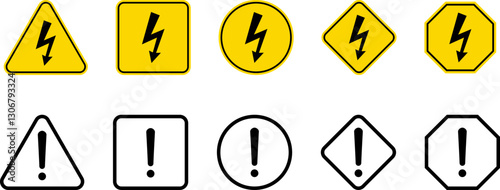 Caution Warning Dangerous alarm set, danger sign collection, attention vector icon, yellow, red and black fatal error message element, exclamation mark of warning attention icon symbol