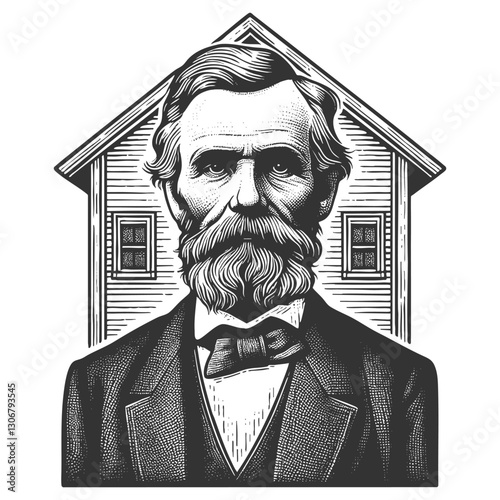 bearded man in a formal suit and bow tie, with a wooden house in the background sketch engraving generative ai fictional character vector illustration. Scratch board imitation. Black and white image.