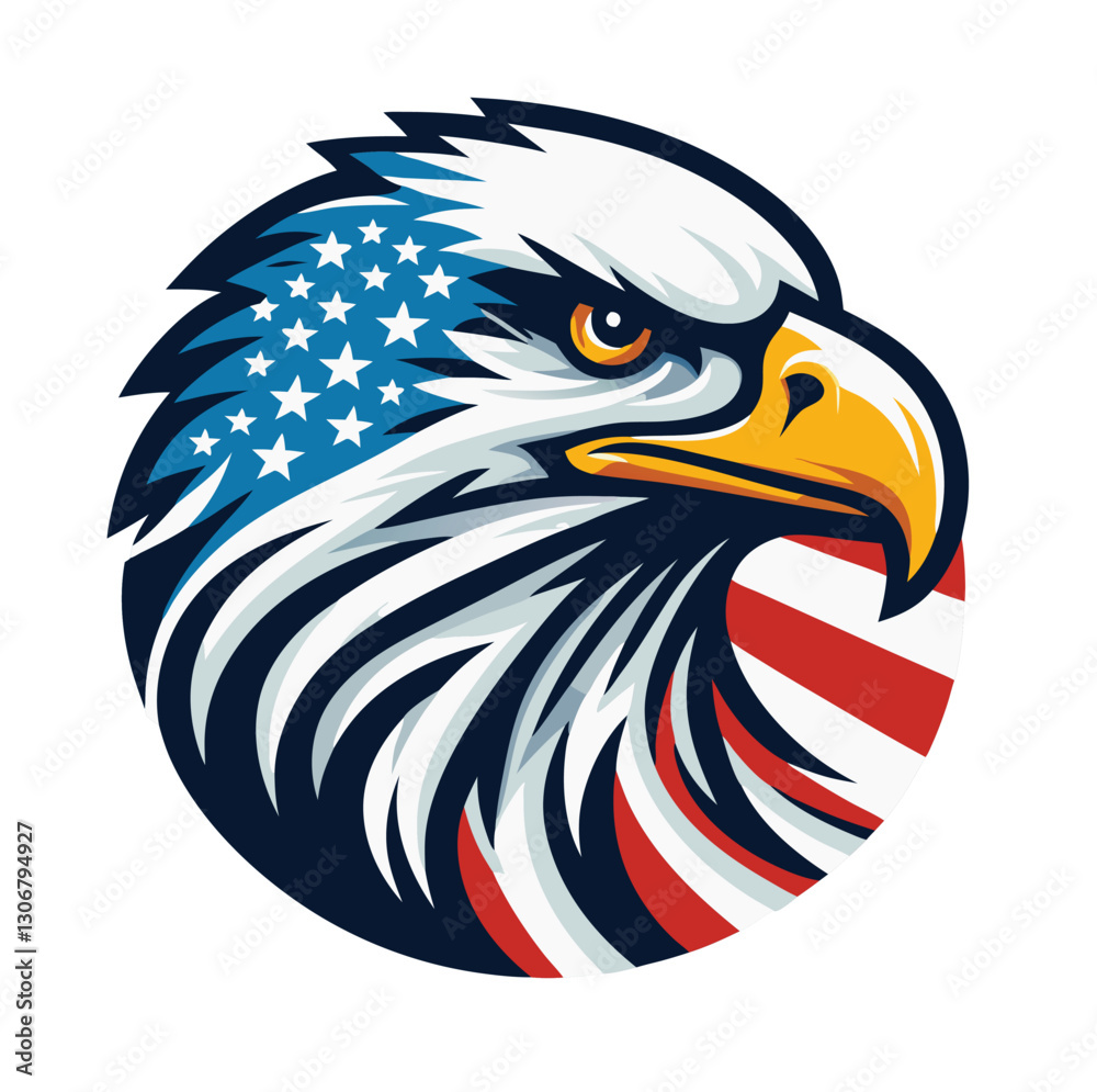 Fototapeta premium Patriotic Eagle head logo with American flag pattern Flat vector