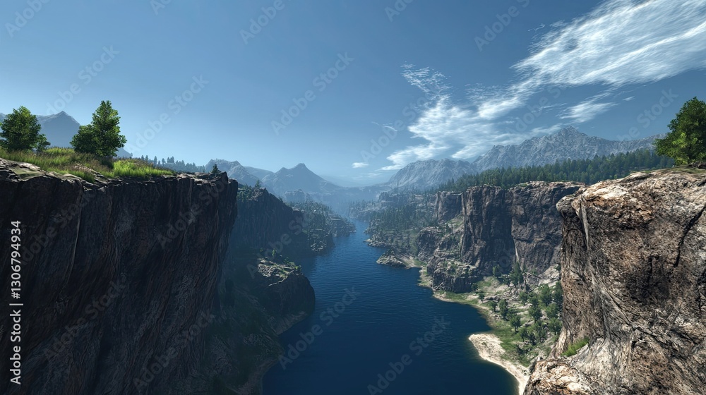 A cliffside view of a deep canyon, with a clear blue sky above and a river winding through the valley below. The cliffside offers a clear view 
