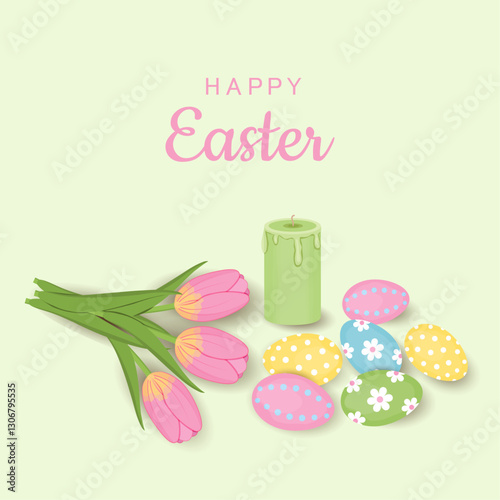 Easter painted eggs, pink tulips and green candle on light green background. Vector illustration. Easter holiday background. Greeting card invitation. Square flyer for sale.