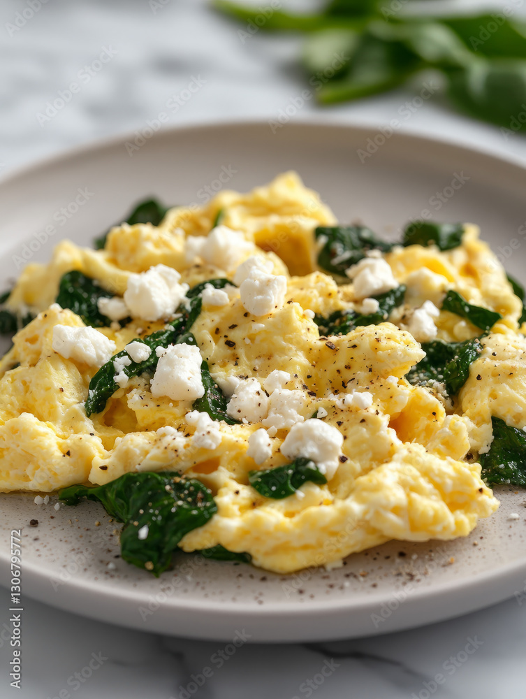 Scrambled eggs with spinach and feta cheese on a plate. Scrambled eggs with spinach and feta cheese on a plate.