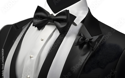 A classic black tuxedo with a satin lapel and bowtie, isolated on a empty plain background