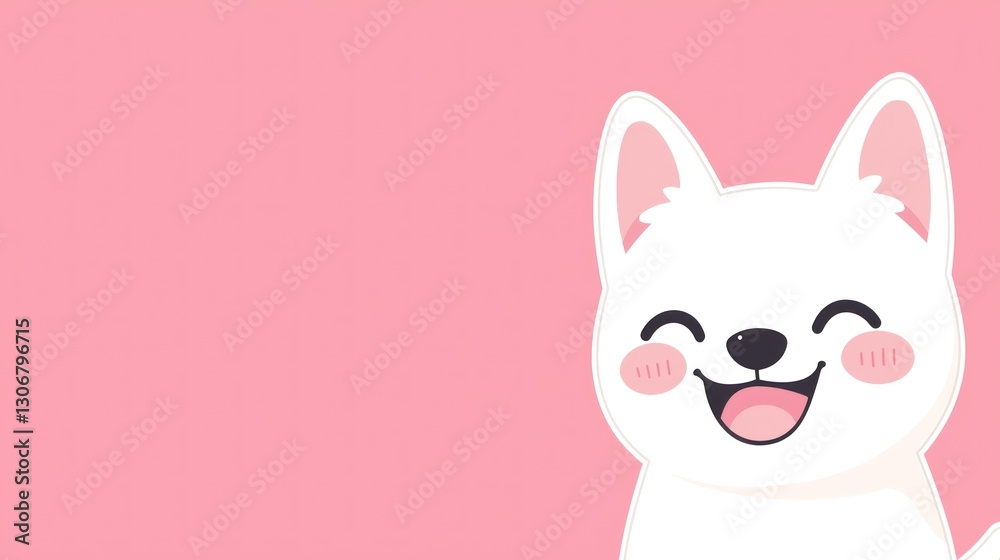 A smiling white cartoon dog with rosy cheeks on pink background A smiling white cartoon dog with rosy cheeks on pink background