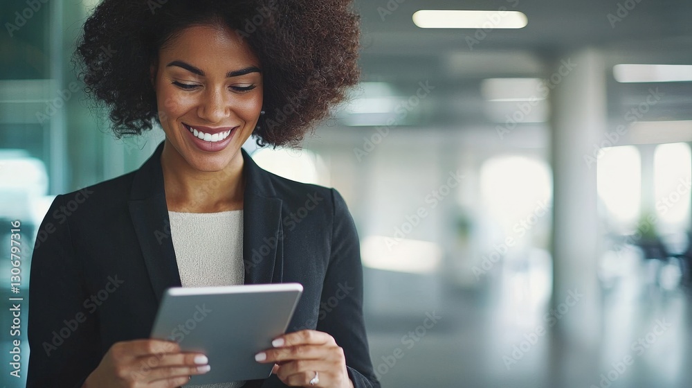 Obraz premium A smiling woman with curly hair engages with a tablet in a modern office setting, exuding professionalism and positivity.