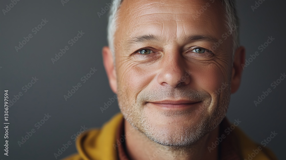 Fototapeta premium Realistic image, mid-age male, ordinary male, not too good looking, smiling, front view, subject far away, clean background