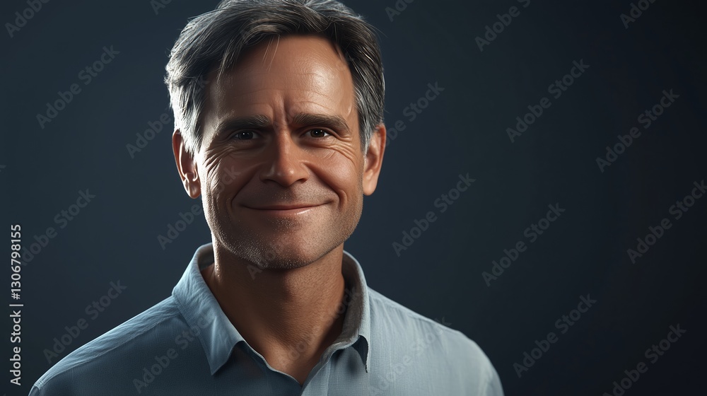 Obraz premium Realistic image, mid-age male, ordinary male, not too good looking, smiling, front view, subject far away, clean background