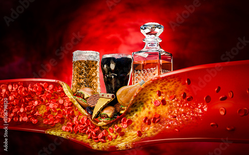 Hyperlipidemia or arteriosclerosis. Blocked artery concept and human blood vessel as a disease with cholesterol fat . Clogged arteries, Cholesterol plaque. Fast food, junk food. 3d rendering