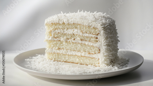 Fluffy white coconut cake on a textured ceramic plate, dusted with fine coconut flakes. The plate is white and the cake is placed on a table.