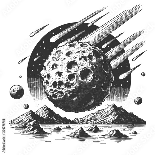 massive cratered asteroid hurtling towards mountainous alien landscape with shooting stars and planets sketch engraving generative ai vector illustration. Scratch board. Black and white image