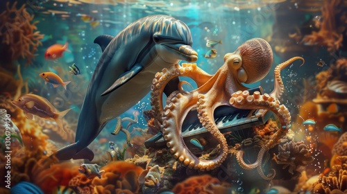 Underwater Symphony: Dolphin and Octopus Musical Collaboration