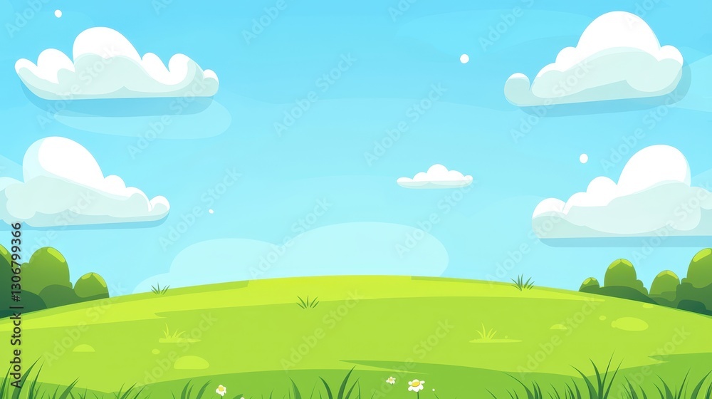 Bright Grass Field Under Clear Blue Sky with Fluffy White Clouds Bright Grass Field Under Clear Blue Sky with Fluffy White Clouds