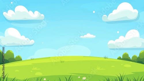 Bright Grass Field Under Clear Blue Sky with Fluffy White Clouds