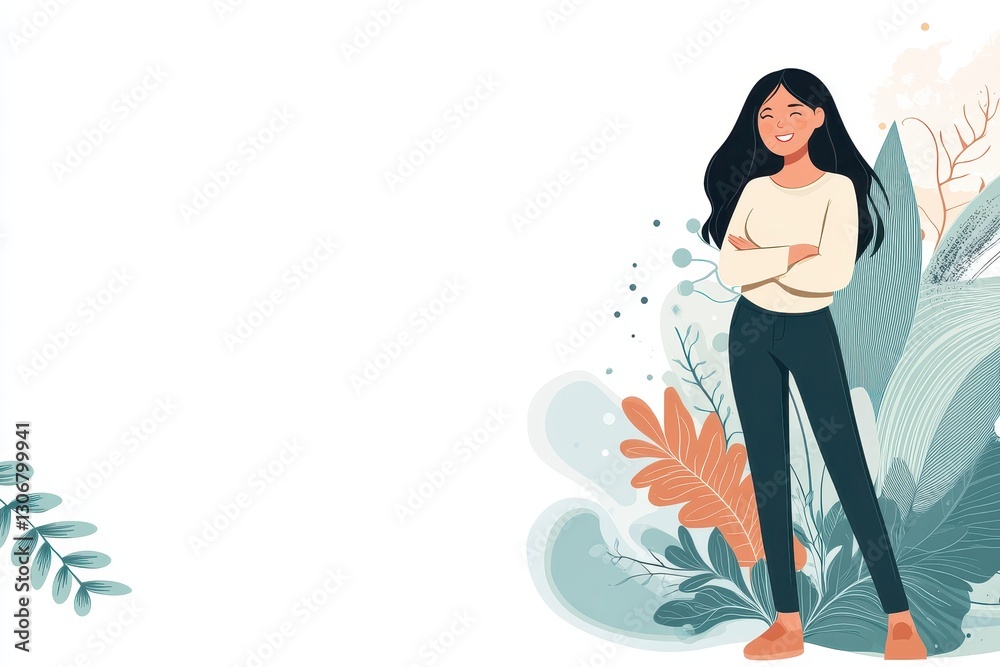 Confident Woman Smiling with Greenery and Abstract Background Confident Woman Smiling with Greenery and Abstract Background