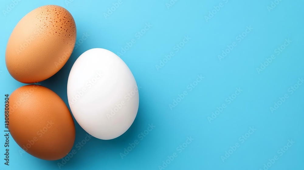 Fototapeta premium Three eggs of varying colors placed on a blue background, showcasing their natural textures