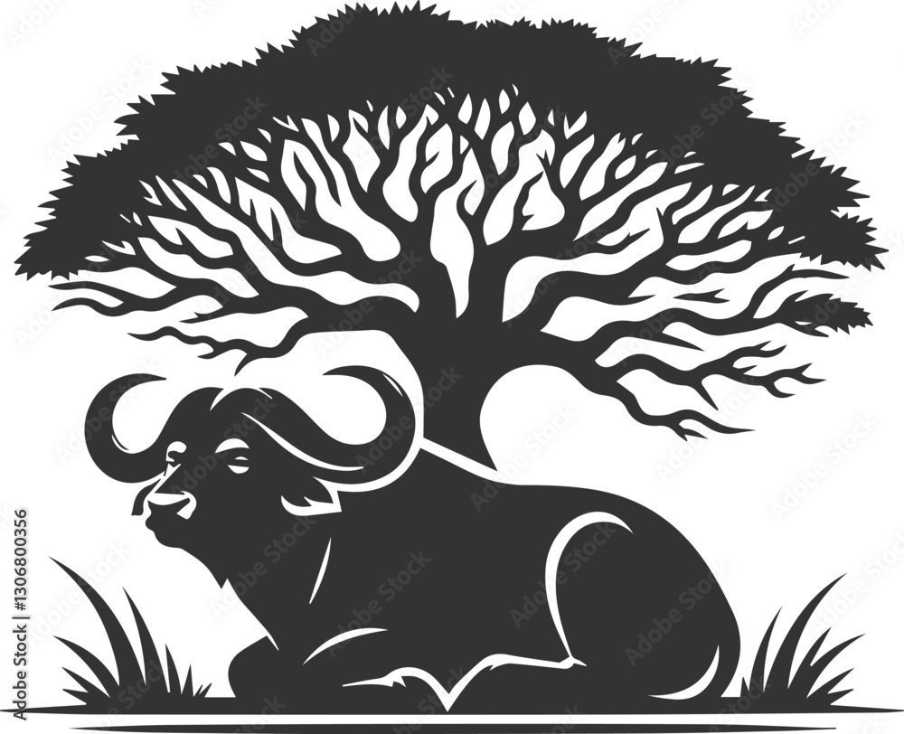 Fototapeta premium Buffalo resting under a tree, horns curving upward animal vector silhouette