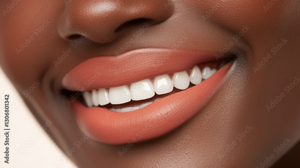 Obraz premium Radiant smile of a beautiful dark-skinned woman wearing coral lipstick
