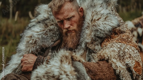 Man with a long beard and a serious expression on his face. he is wearing a fur-lined jacket with a brown and white pattern.