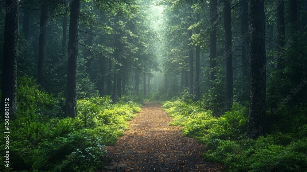Fototapeta premium Scenic Pine Forest Path with Green Trees and Lush Vegetation