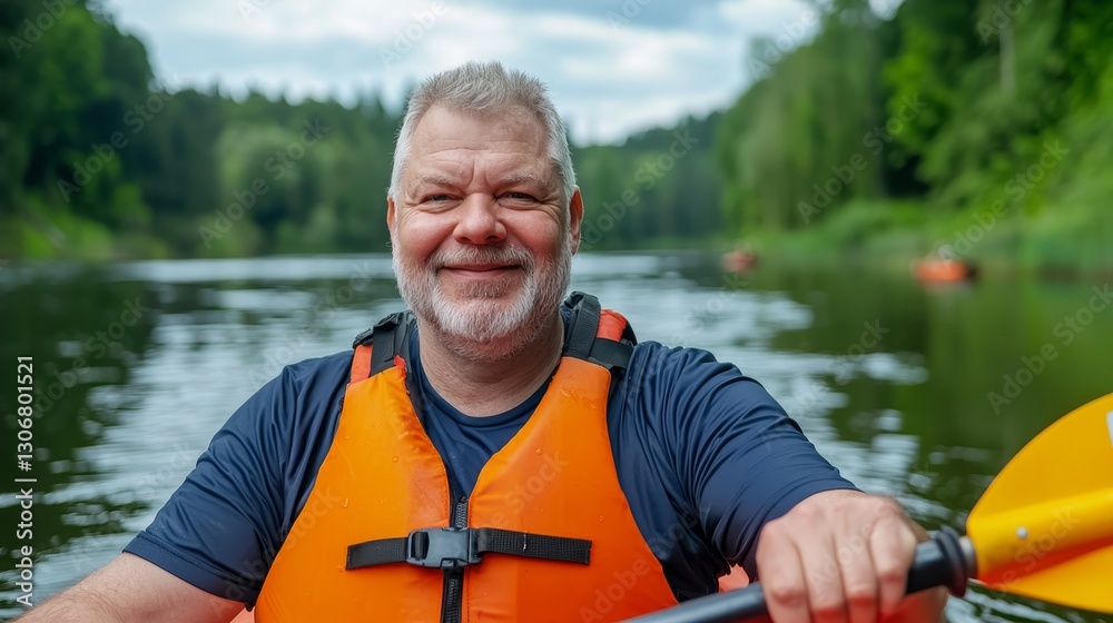 Senior Travel, Happy Retirement concept. Senior Man Enjoys Kayaking on Serene Waterway in Lush Landscape Senior Travel, Happy Retirement concept. Senior Man Enjoys Kayaking on Serene Waterway in Lush Landscape