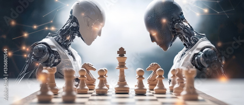 AI Trade War: USA-China Technology Battle and Economic Impact, Two robots playing chess, symbolizing AI competition