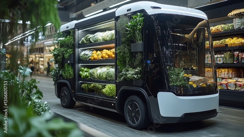 Autonomous electric vehicle delivering fresh produce; sustainable grocery delivery concept.