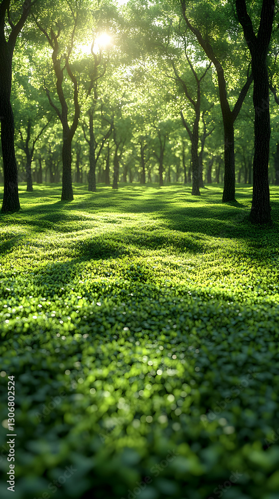 Naklejka premium Sunlit Forest Pathway With Lush Green Grass