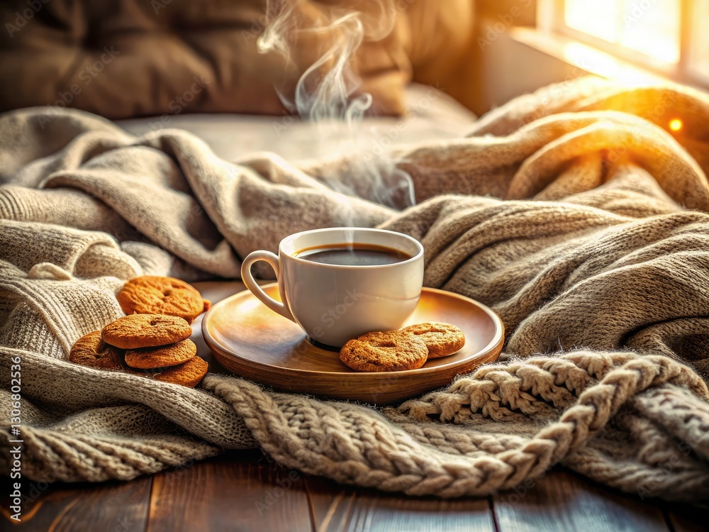 Fashion shoot:  cozy bed, chunky knit, steaming coffee, delicious cookies, perfect lazy morning.