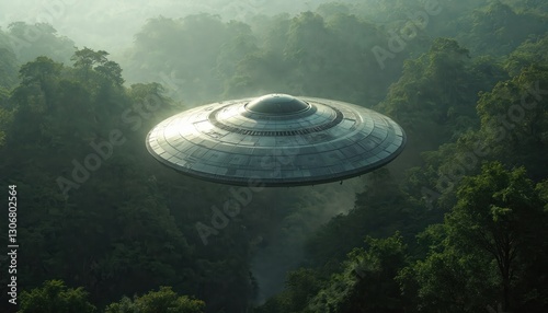Alien spacecraft hovers over dense tropical forest. The silver metallic flying saucer hovers above treetops in misty jungle on planet Earth. Unidentified flying object in green rainforest background.