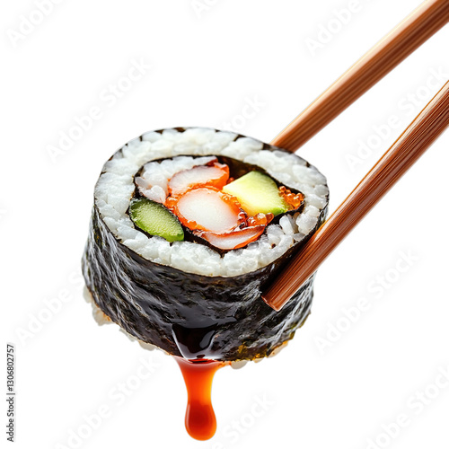 Close up of a sushi roll being held by chopsticks with sauce dripping on transparent background cutout, PNG file.