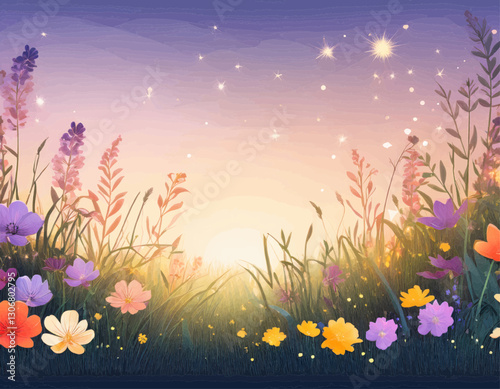 A vibrant vector garden background with a variety of wildflowers