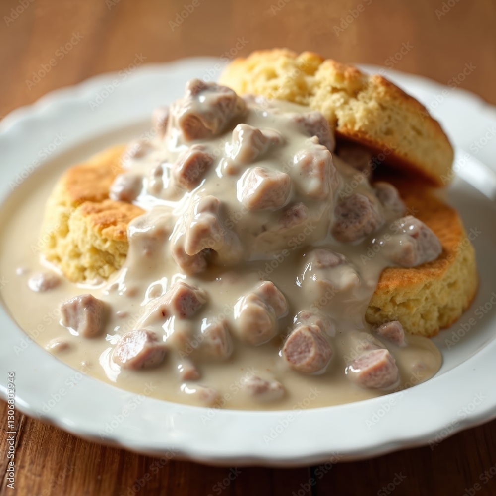 Sausage gravy with biscuits on white plate. Southern food. Delicious meal, fresh snack. Cookery background. Homemade breakfast. Traditional tasty recipe. American cuisine. High calorie portion. Sausage gravy with biscuits on white plate. Southern food. Delicious meal, fresh snack. Cookery background. Homemade breakfast. Traditional tasty recipe. American cuisine. High calorie portion.