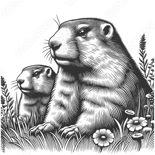 marmots in alpine mountain meadow, surrounded by wildflowers and grass, with majestic peaks in the background sketch engraving generative ai vector illustration. Scratch board. Black and white image.