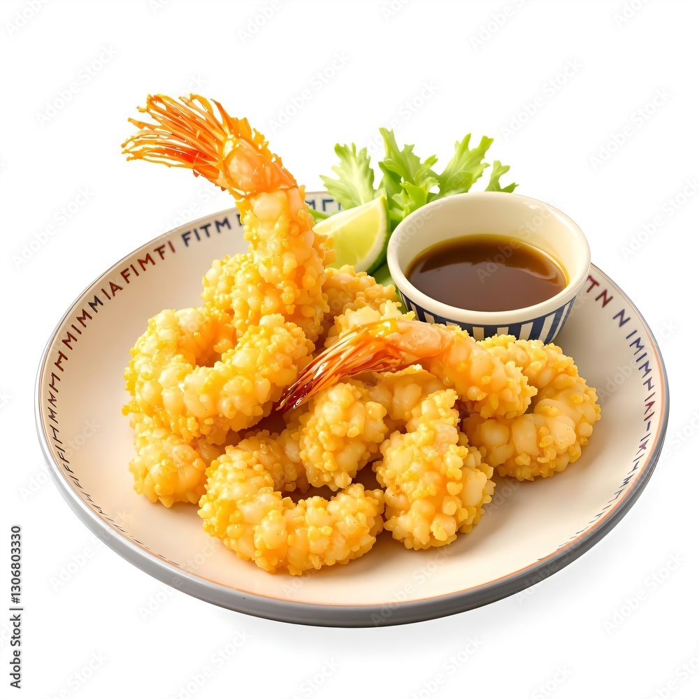 Crispy Fried Shrimp Tempura with Dipping Sauce: Delicious Golden Brown Seafood Appetizer on Plate, Restaurant Food Photography Crispy Fried Shrimp Tempura with Dipping Sauce: Delicious Golden Brown Seafood Appetizer on Plate, Restaurant Food Photography
