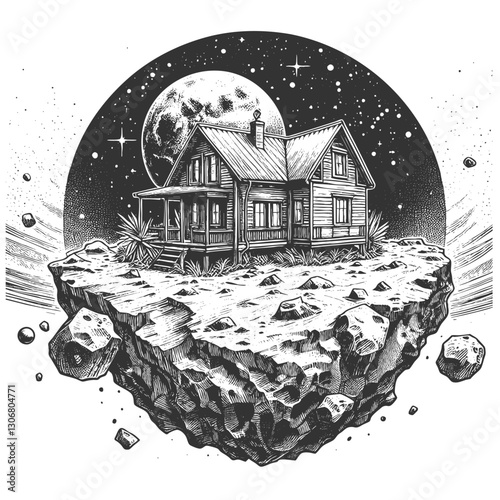 house perched on a floating asteroid, surrounded by planets and celestial objects in outer space sketch engraving generative ai vector illustration. Scratch board imitation. Black and white image.