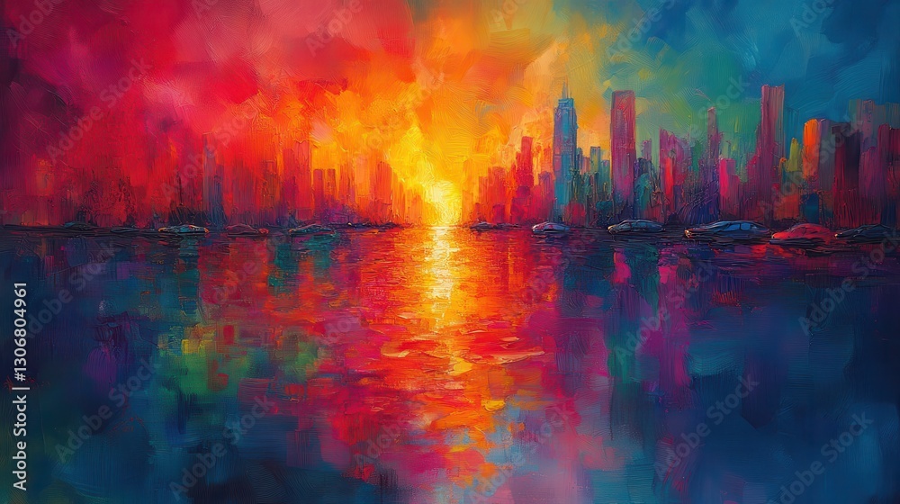 Fototapeta premium Vibrant city sunset reflected on calm water