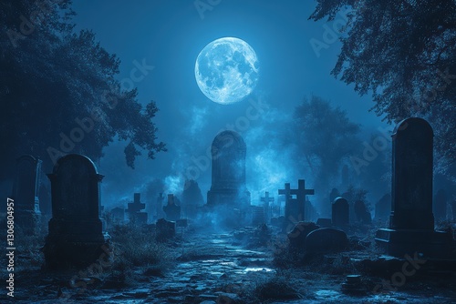 A haunting graveyard scene illuminated by a full moon, with mist swirling around ancient tombstones, creating an eerie and atmospheric ambiance.