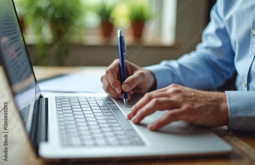 Fototapeta premium Man writing resume on laptop. Job seeker prepares application documents. Close-up of hands typing curriculum vitae for employment. Candidate updates pro skills, summary, objective, portfolio on