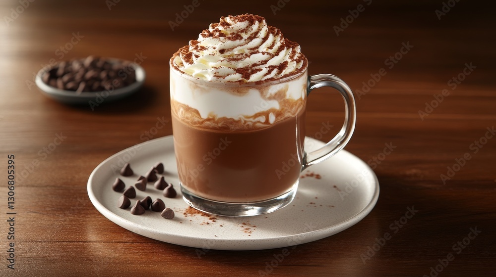 Fototapeta premium 8.A clear glass mug filled with rich, creamy hot chocolate topped with swirls of whipped cream and a sprinkle of cocoa powder, placed on a white ceramic plate with chocolate chips scattered artfully