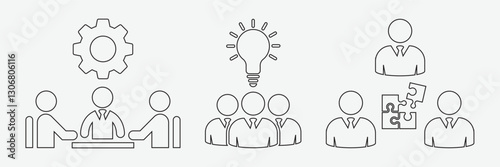Collection of vector icons of teamwork, solution, meeting, conference. Solve problems and discover new innovations in a linear style. Vector illustration