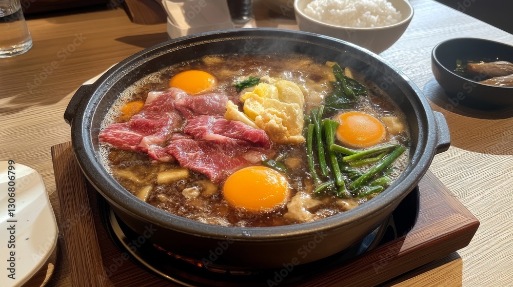 29.A detailed image of a shabu-shabu hot pot with a clear view of the bubbling broth, thinly sliced beef, and bright vegetables, paired with sauces and rice on a minimalistic wooden table setup. 29.A detailed image of a shabu-shabu hot pot with a clear view of the bubbling broth, thinly sliced beef, and bright vegetables, paired with sauces and rice on a minimalistic wooden table setup.
