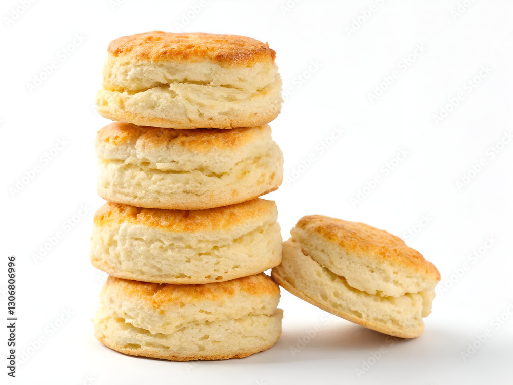 A tall stack of fluffy Southern biscuits with golden, buttery tops, isolated on a white background for a classic homemade feel. A tall stack of fluffy Southern biscuits with golden, buttery tops, isolated on a white background for a classic homemade feel.