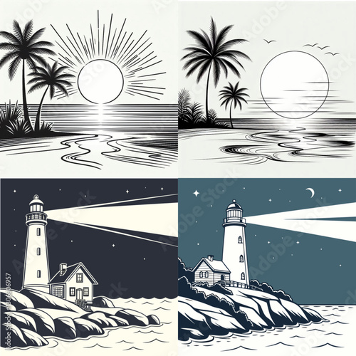 Monochromatic coastal and lighthouse scenes illustrating serene seaside beauty and tranquility
